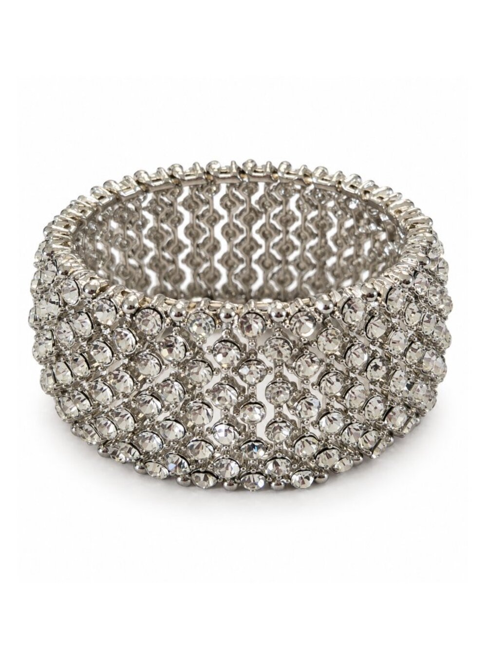 Wide Crystal Rhinestone Stretch Statement Bracelet Silver Tone 32mm
